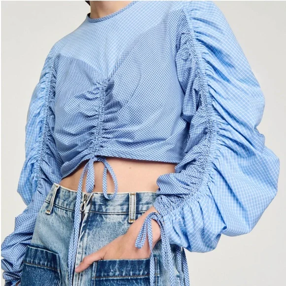 NWT SANDRO Formidable Blue Ruched Stripe Mixed Media Crop Top size 3/large - Picture 4 of 12